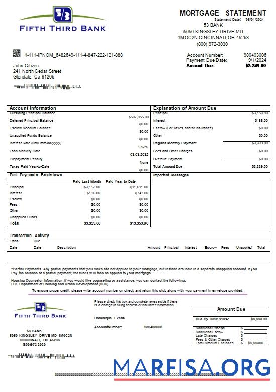 Realistic USA Ohio Fifth Third bank mortgage statement scr sample